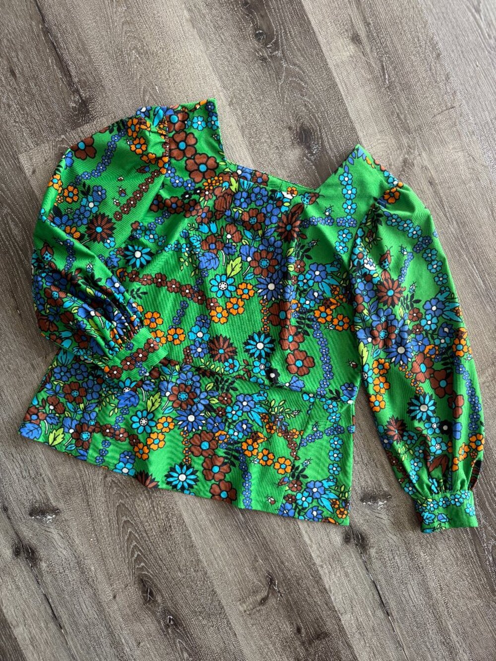 Vintage 60s/70s Handmade Floral Ladybug Empire Waist Bishop Sleeve Blouse